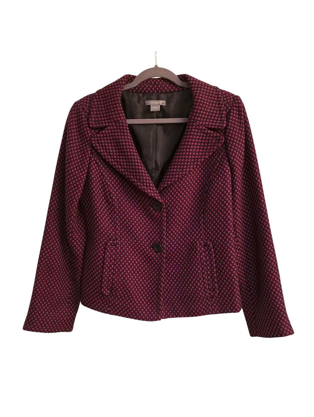 Ann Taylor Black Magenta Polka Dot Pattern Belted Back Blazer 12
